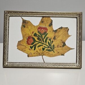 Gold Leaf With Floral Design In A Vintage Golden Brass Picture Frame